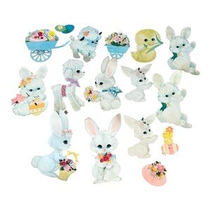 VTG Easter Paper Die Cuts Lot of 16 Bunnies Chicks Eggs Lambs Wall Decor READ